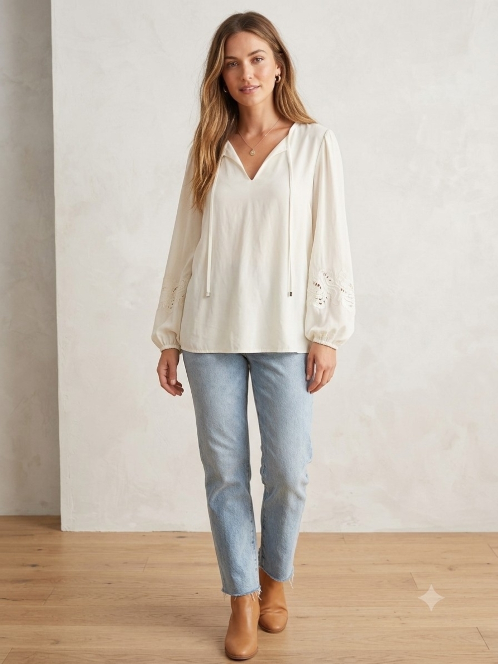 Lafayette 148 New York Cream Long-Sleeve V-Neck Blouse